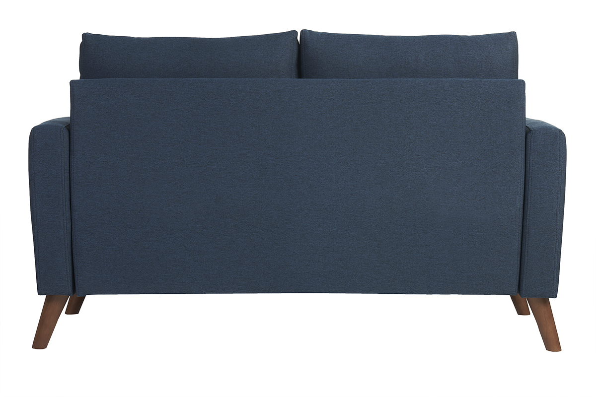 Zweier-Sofa in dunkelblauem Stoff und dunklem Holz MUNIK