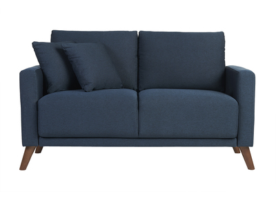 Zweier-Sofa in dunkelblauem Stoff und dunklem Holz MUNIK