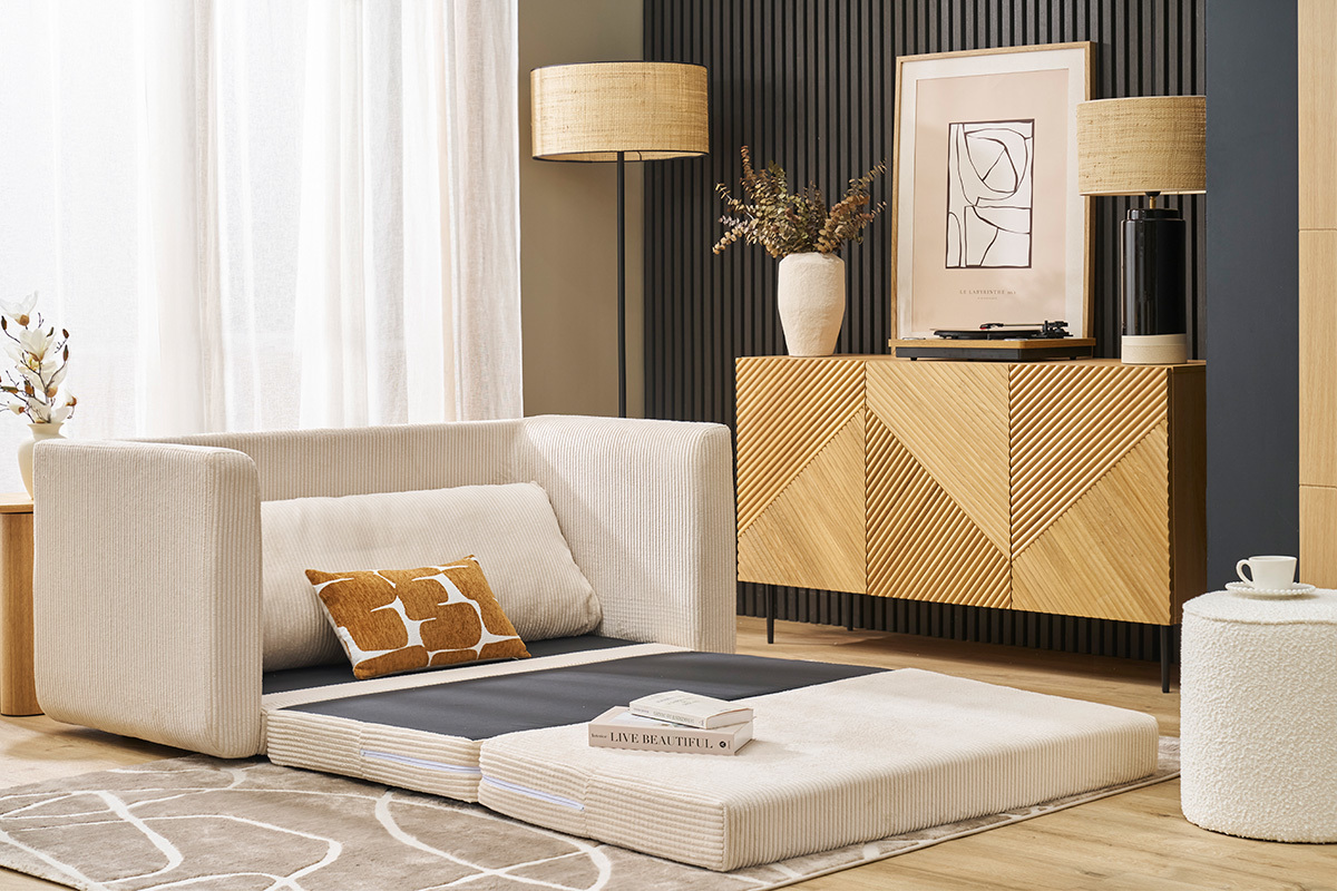 Zweisitzer-Schlafsofa aus beige-farbenem Cordstoff LEON