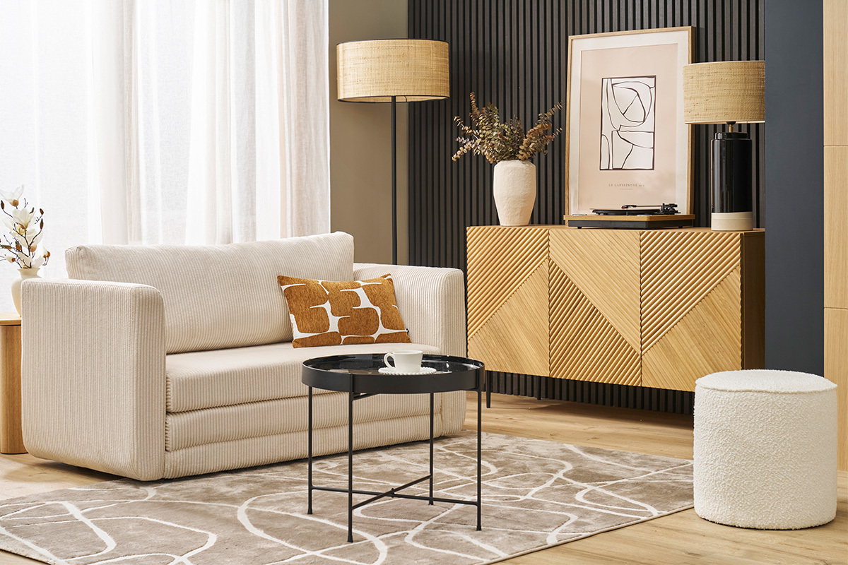 Zweisitzer-Schlafsofa aus beige-farbenem Cordstoff LEON