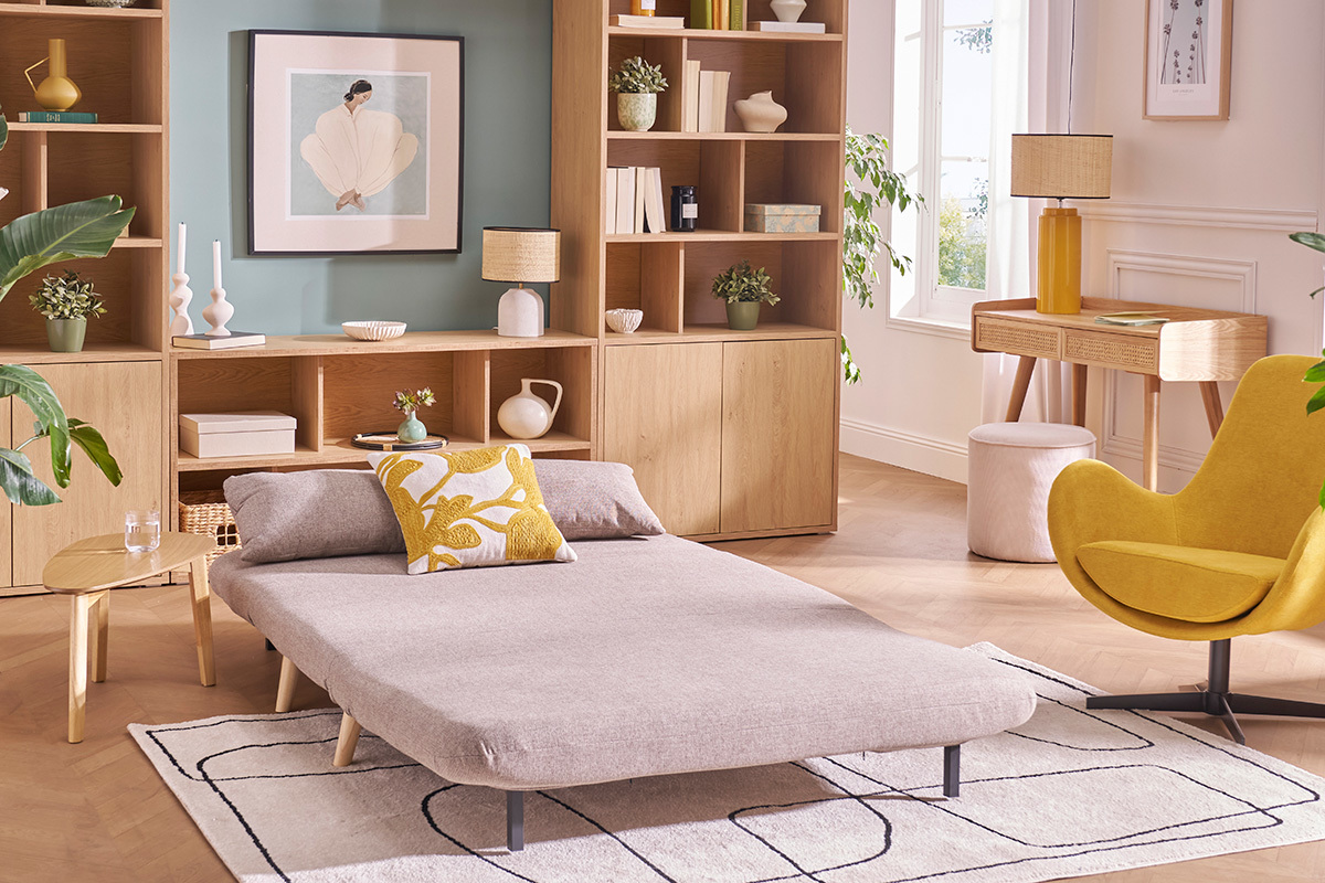 Zweisitzer-Schlafsofa aus dunkelblauem Stoff und hellem Holz AMIKO