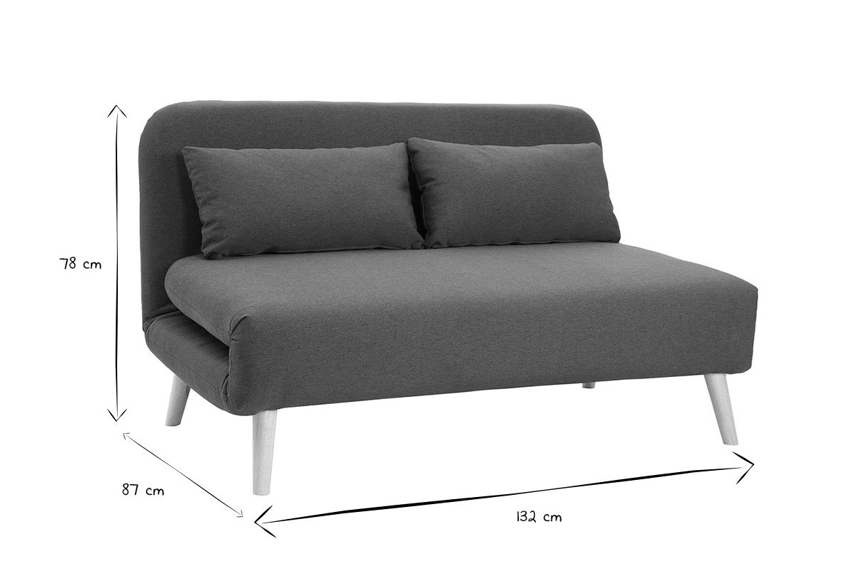 Zweisitzer-Schlafsofa aus dunkelblauem Stoff und hellem Holz AMIKO