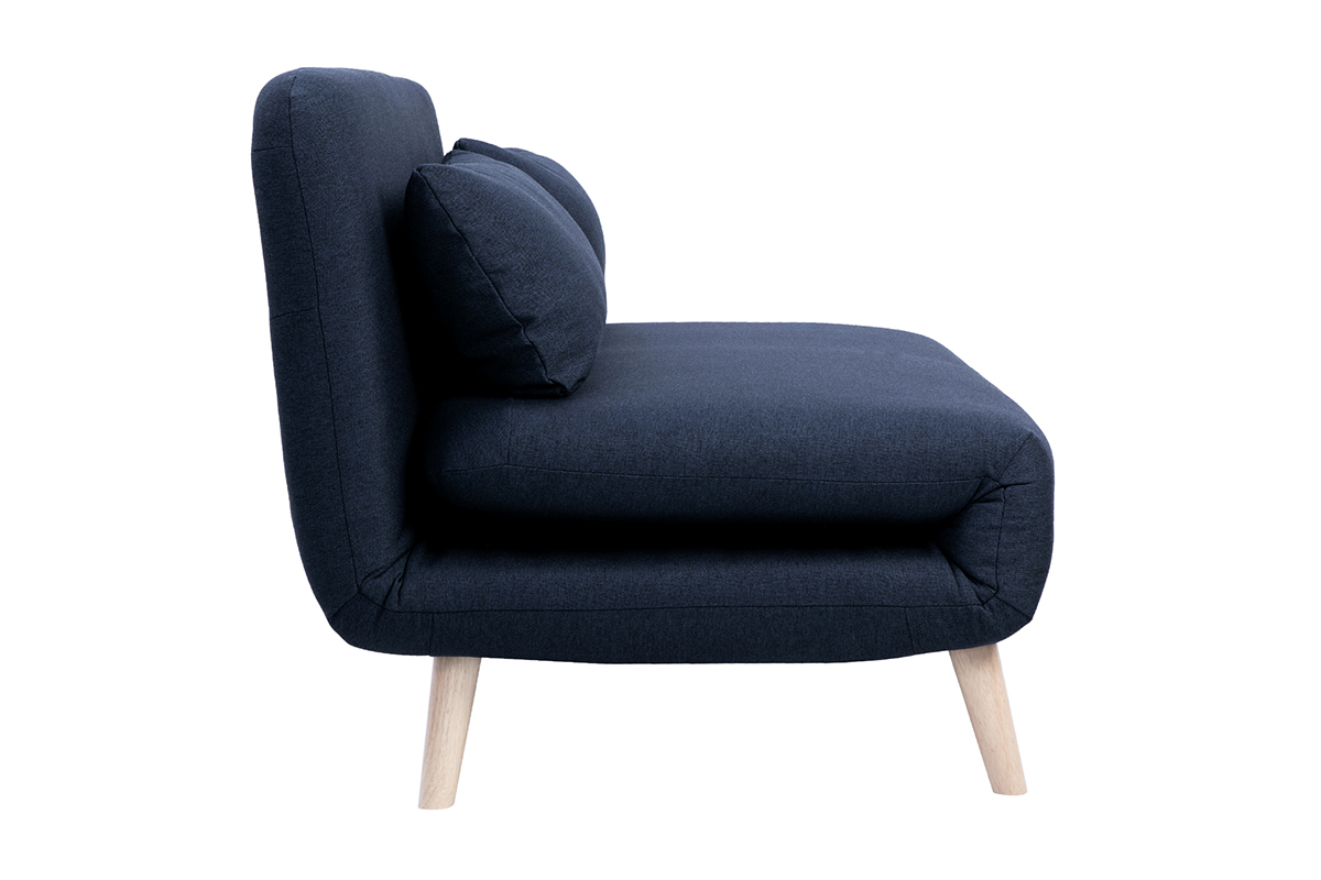 Zweisitzer-Schlafsofa aus dunkelblauem Stoff und hellem Holz AMIKO