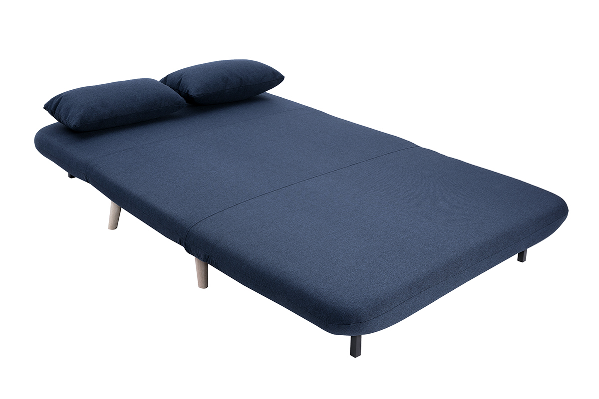 Zweisitzer-Schlafsofa aus dunkelblauem Stoff und hellem Holz AMIKO