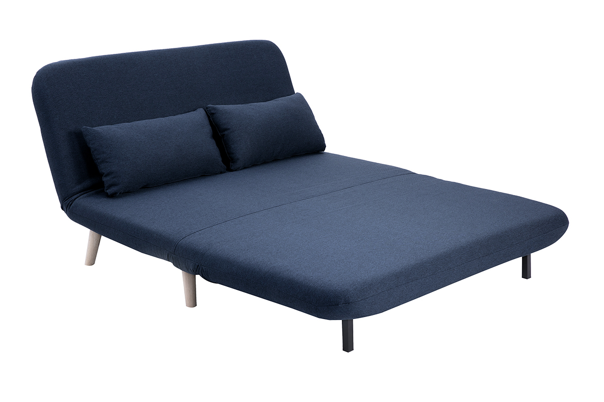 Zweisitzer-Schlafsofa aus dunkelblauem Stoff und hellem Holz AMIKO