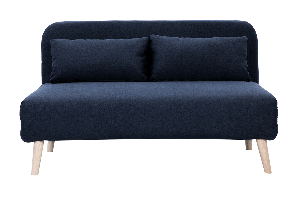 Zweisitzer-Schlafsofa aus dunkelblauem Stoff und hellem Holz AMIKO