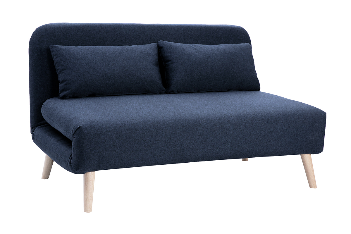 Zweisitzer-Schlafsofa aus dunkelblauem Stoff und hellem Holz AMIKO