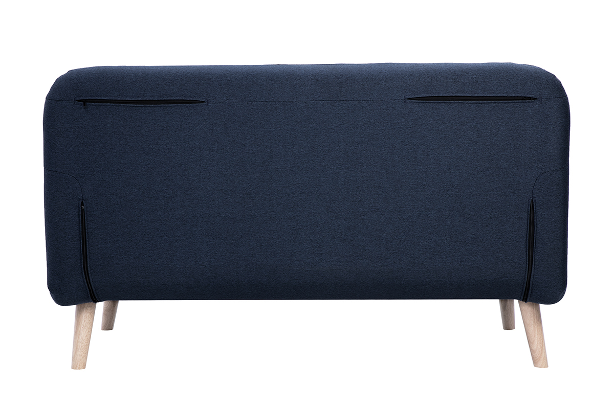 Zweisitzer-Schlafsofa aus dunkelblauem Stoff und hellem Holz AMIKO