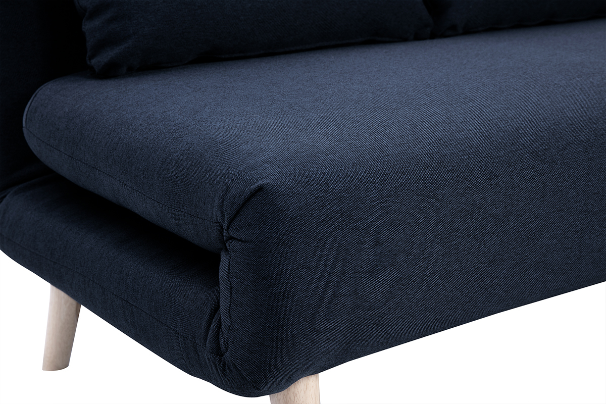 Zweisitzer-Schlafsofa aus dunkelblauem Stoff und hellem Holz AMIKO