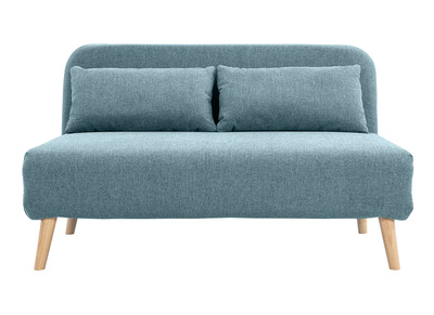 Zweisitzer-Schlafsofa aus graugrünem Stoff und hellem Holz AMIKO