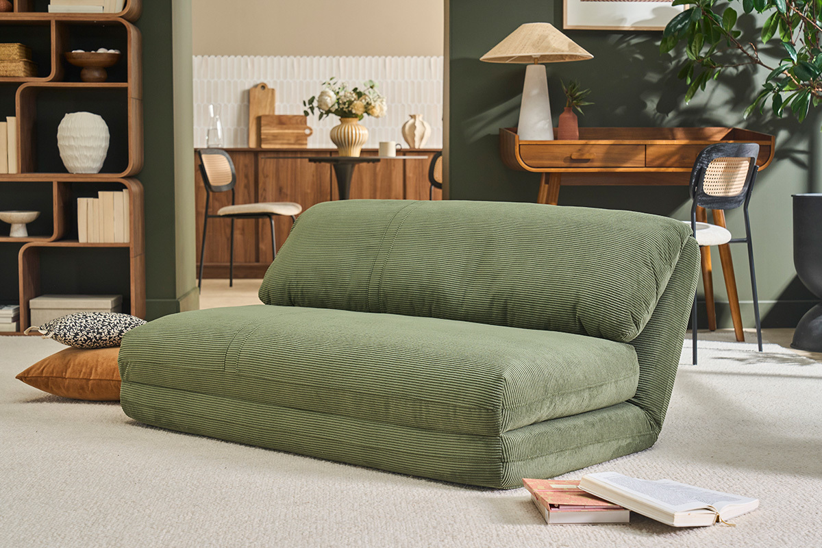 Zweisitzer-Schlafsofa aus khakifarbenem Samt-Cordstoff SPENCER