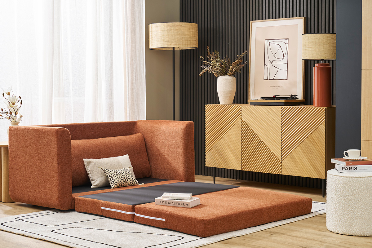 Zweisitzer-Schlafsofa aus strukturiertem Samteffektstoff in gebrannter Erde LEON