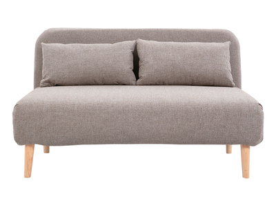 Zweisitzer-Schlafsofa aus taupefarbenem Stoff und hellem Holz AMIKO