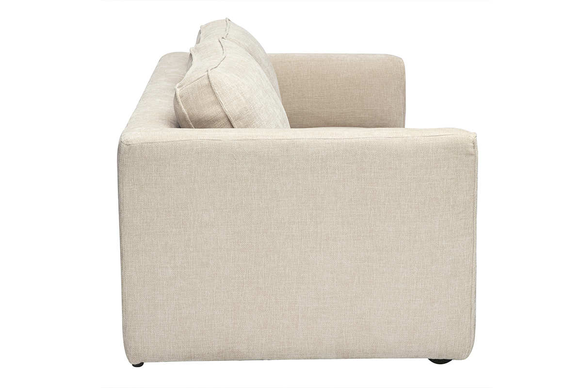 Beiges Zweiersofa mit Schlaffunktion, Ansicht von links.