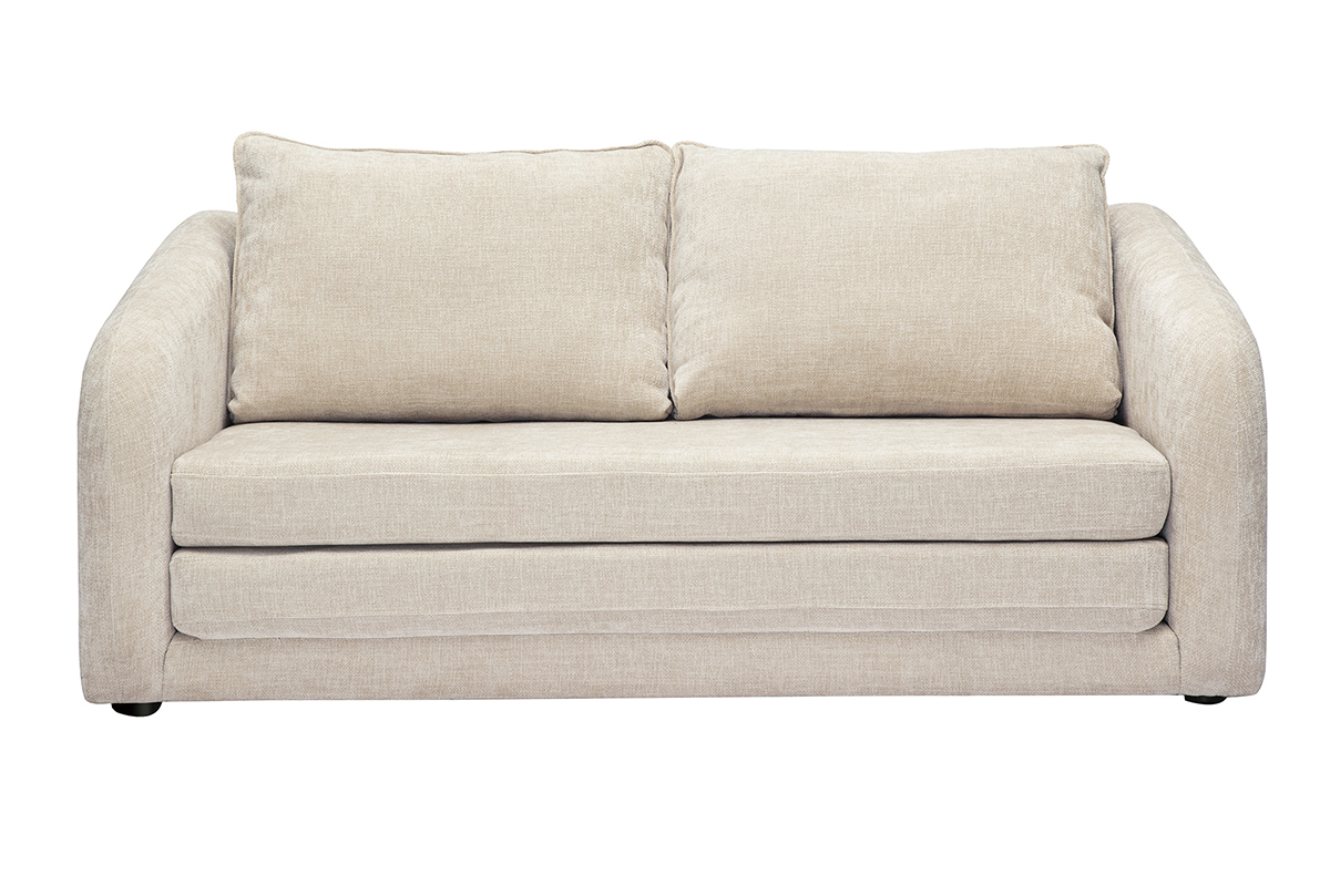 Zweisitzer-Schlafsofa in Beige, Ansicht von vorne.