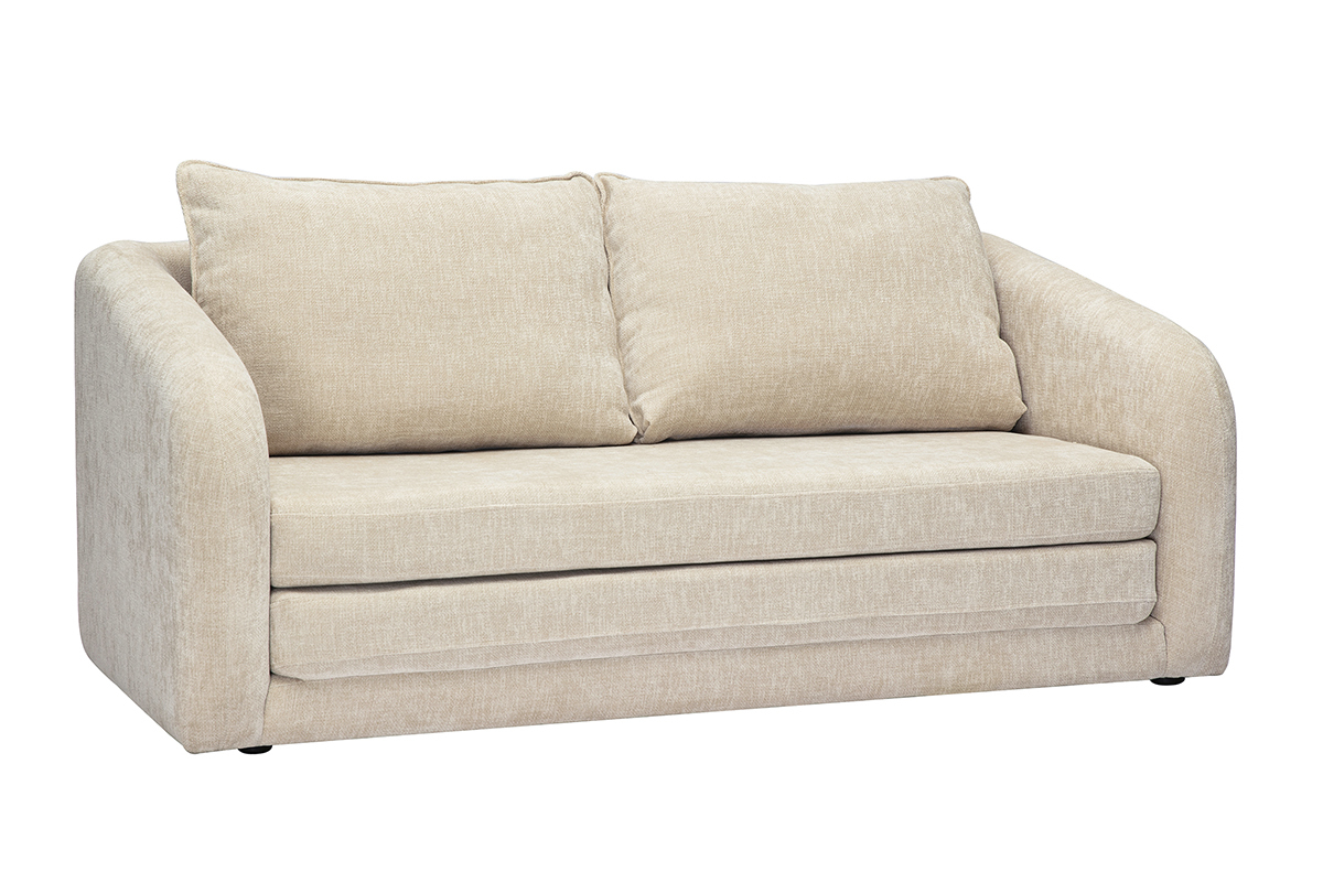 Zweiersofa mit Schlaffunktion in beigem Samtstoff mit Kissen, Ansicht von 3/4.