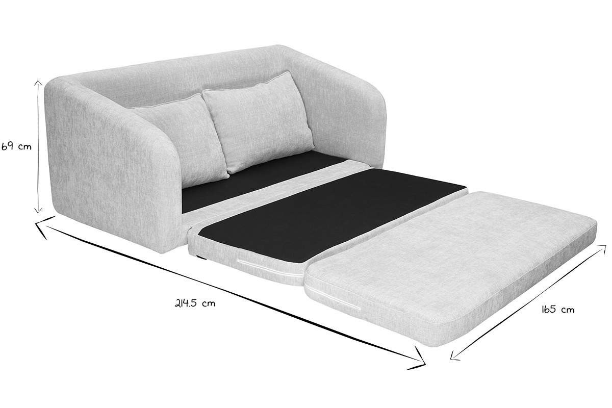 Schlafsofa MAHAUT in Bettstellung, Seitenansicht mit illustrierten Abmessungen.