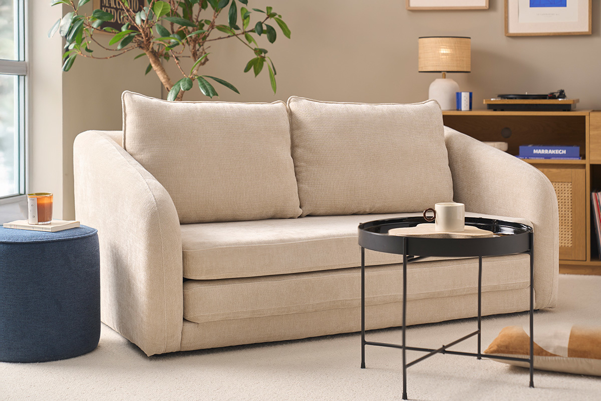 Zweisitzer-Schlafsofa in beige Velours-Effekt-Textil MAHAUT
