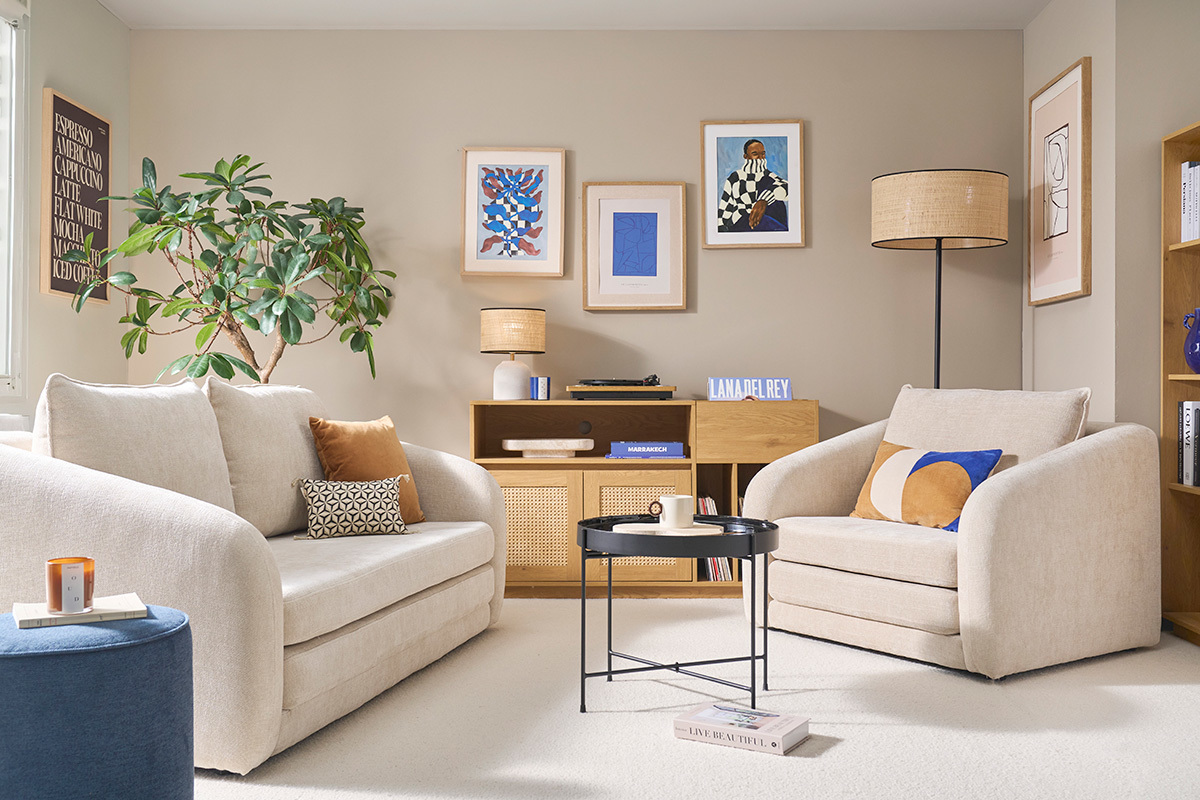 Zweisitzer-Schlafsofa in beige Velours-Effekt-Textil MAHAUT