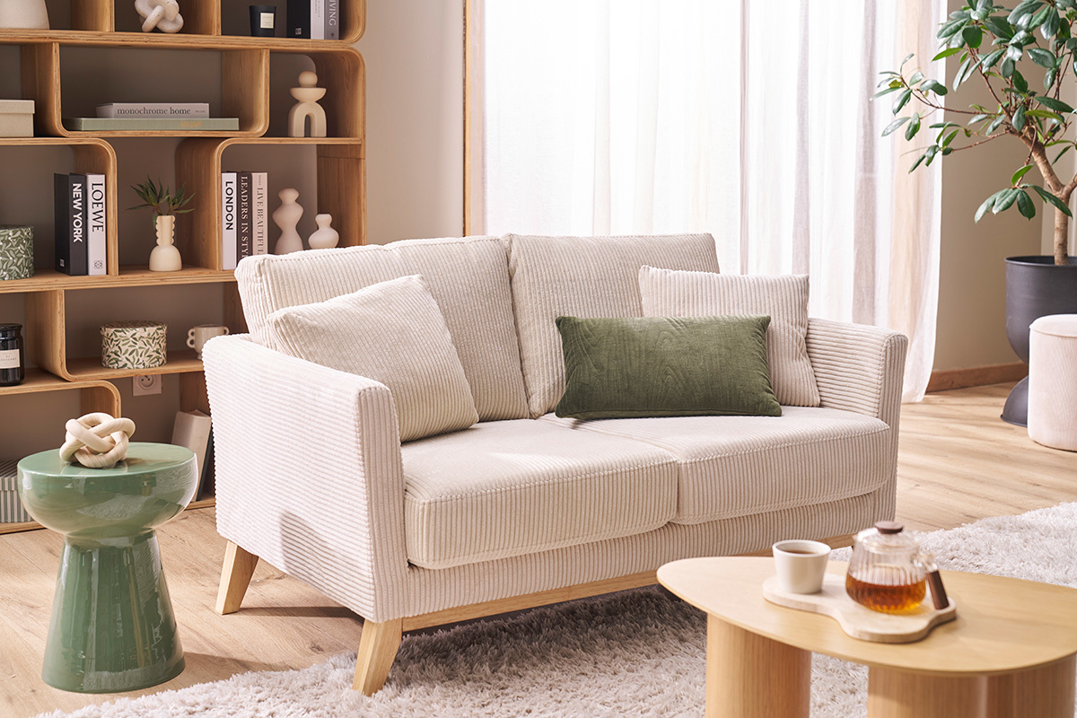 Zweisitzer skandinavisches Sofa mit abnehmbarem Bezug aus samtigem Rippstoff und hellem Holz OSLO