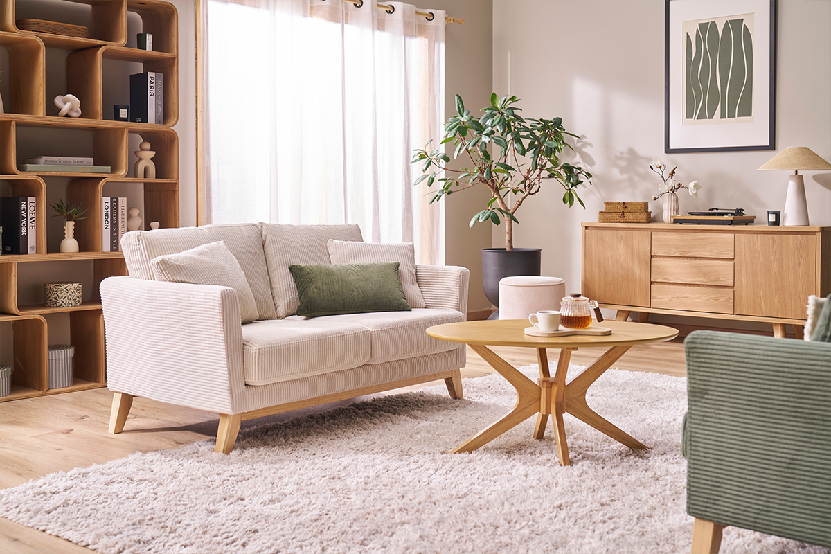 Zweisitzer skandinavisches Sofa mit abnehmbarem Bezug aus samtigem Rippstoff und hellem Holz OSLO