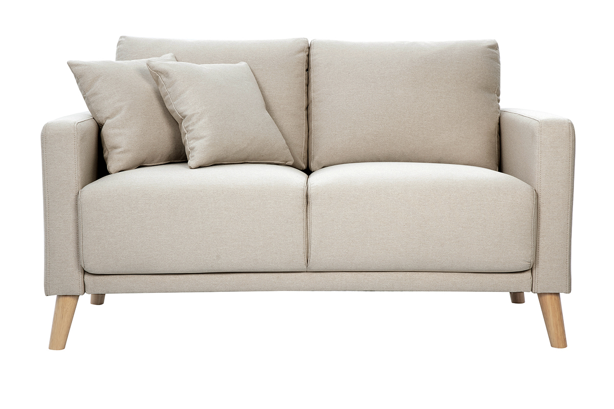Zweisitzer-Sofa aus beigem Stoff und hellem Holz MUNIK