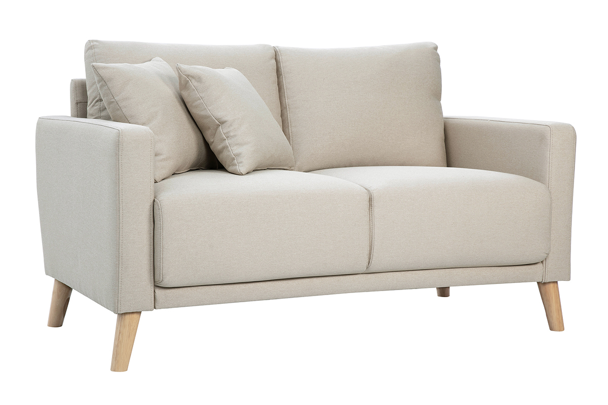 Zweisitzer-Sofa aus beigem Stoff und hellem Holz MUNIK