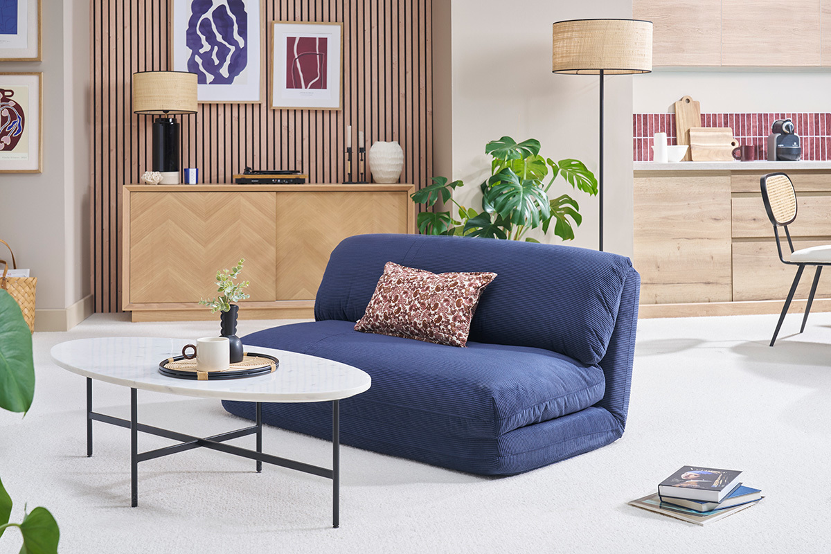 Zweisitzige Schlafsesseln aus Samtcord in Dunkelblau SPENCER